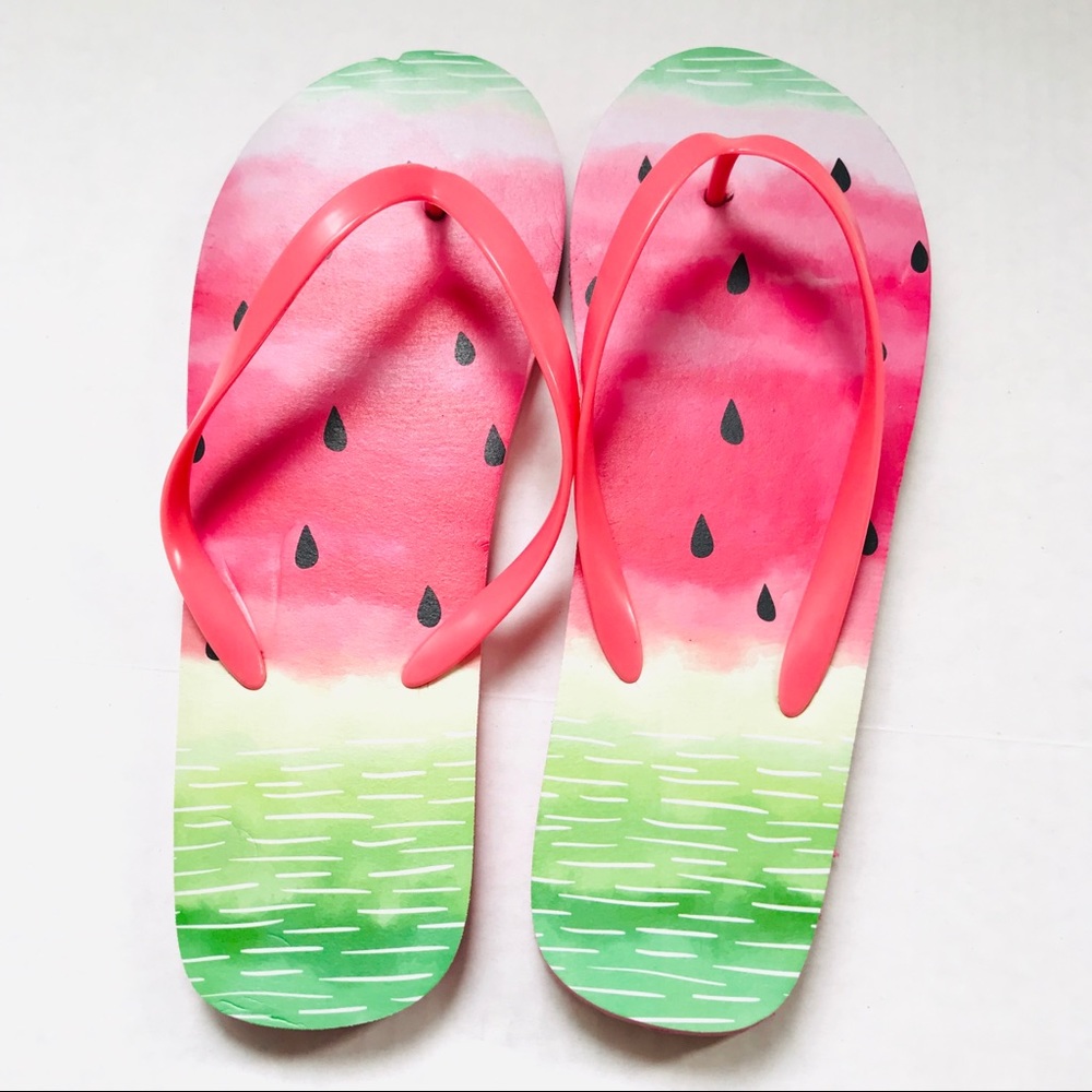 ⚠️SOLD⚠️ NWOT watermelon pink and green flip flops - Picture 2 of 5